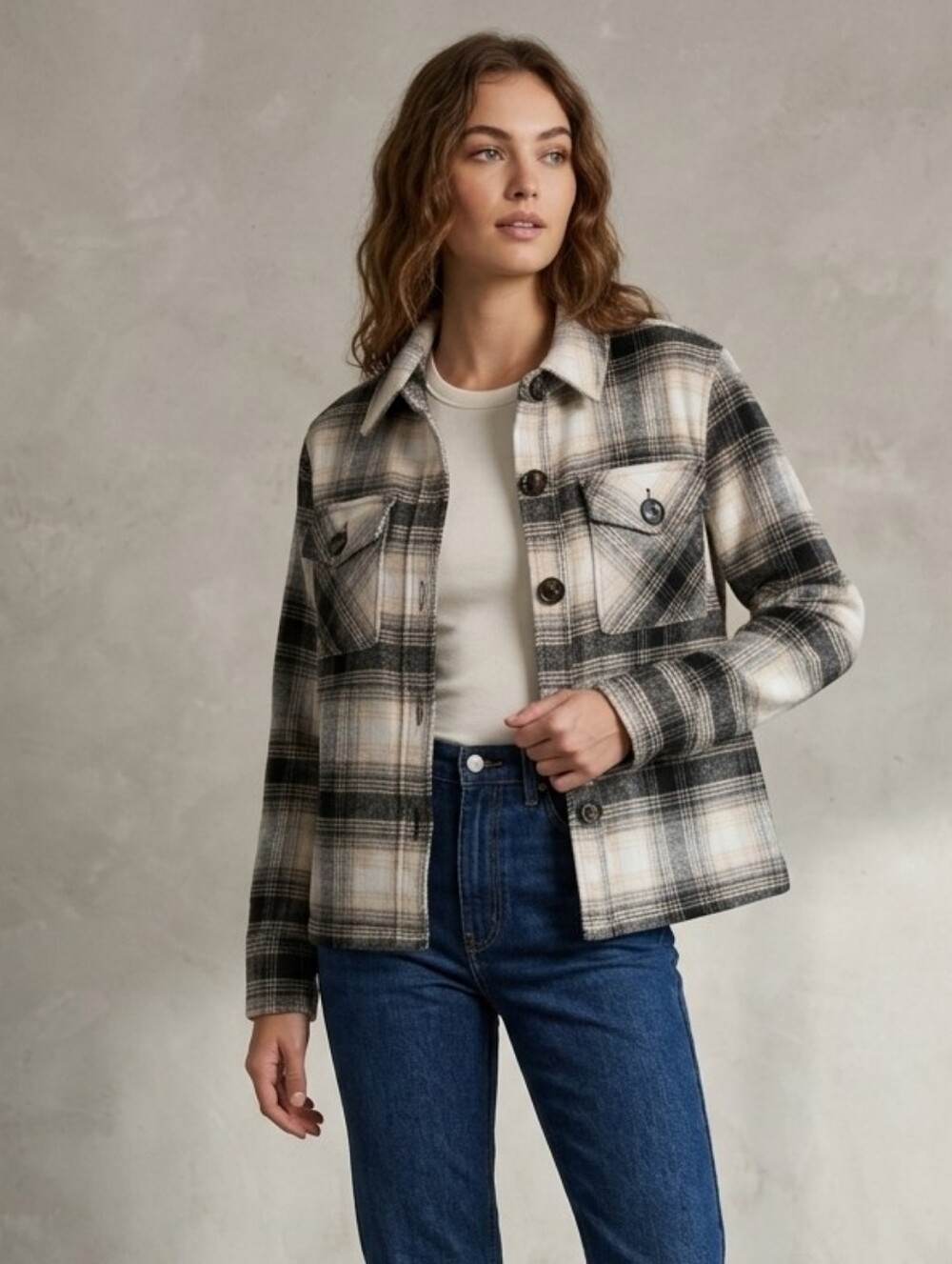 BB Dakota Plaid Button-Front Shacket Jacket in Black and Cream Women's Size XS